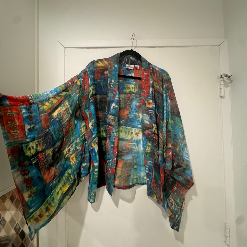 EUC Chicos Japanese Asian Silk Haori Kimono Jacket Art-to-Wear